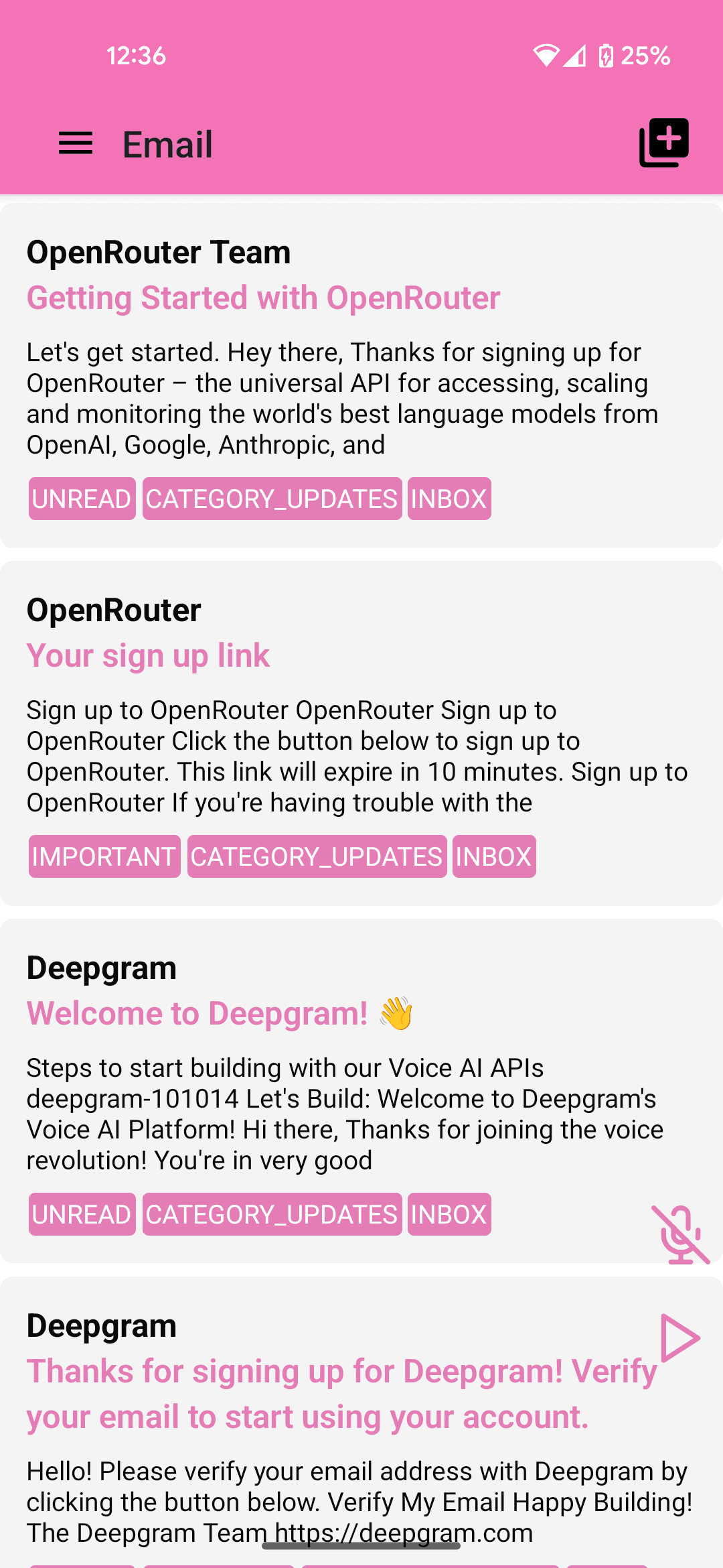 screenshots of MailVox app